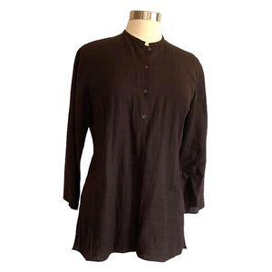 Eileen Fisher Brown Linen Blend Button Front Tunic Top 3/4 sleeve Petite Small